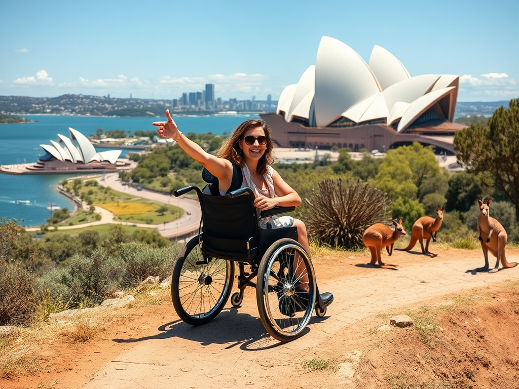A joyful wheelchair traveler exploring vibrant Australian landscapes, with iconic landmarks like Sydney Opera House, kangaroos, accessible paths, and sunny skies.