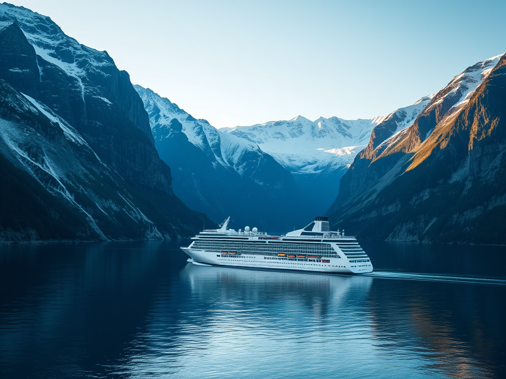 A scenic Norwegian fjord with a modern cruise ship sailing, surrounded by towering snow-capped mountains, calm blue waters, and a clear sky at sunset.