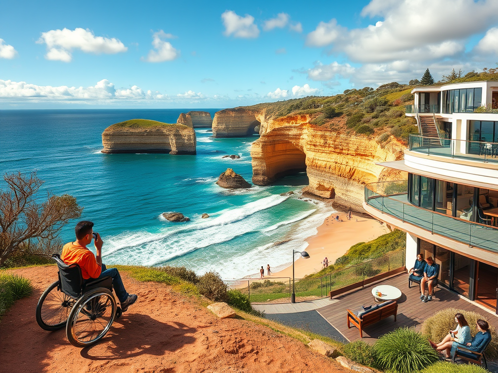 A vibrant Australian landscape featuring "wheelchair user exploring Great Ocean Road," "accessible beach with wheelchair ramps," "comfortable, modern wheelchair-friendly hotel," and "diverse travelers enjoying nature."