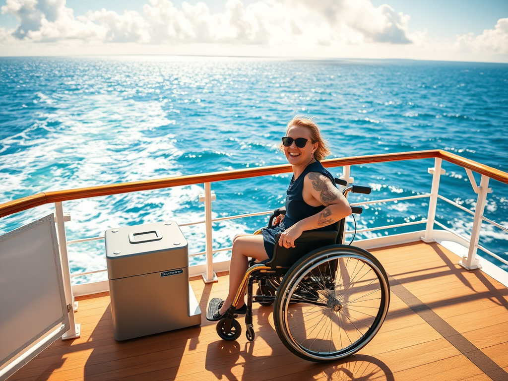 A joyful wheelchair user cruising on a sunny deck, surrounded by accessible amenities, ocean waves sparkling, inclusive atmosphere, warm sunlight filtering through clouds.