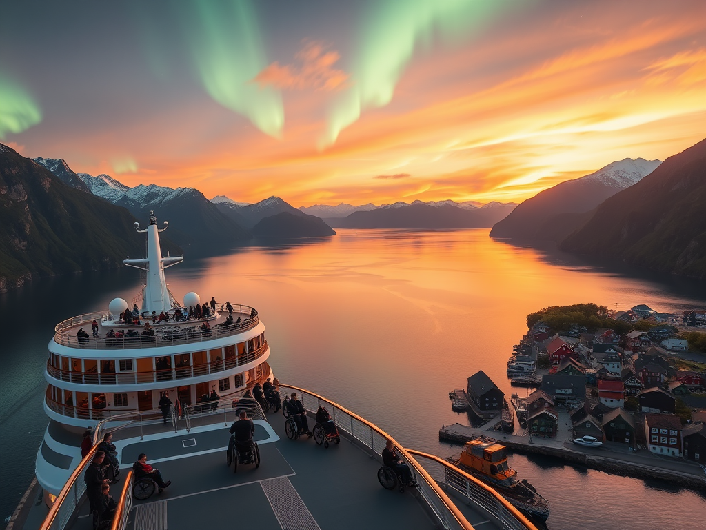A majestic Norwegian fjord at sunset, "a modern cruise ship with wide accessible ramps," "wheelchair users enjoying the deck," "colorful fishing villages along the shore," "northern lights shimmering overhead."