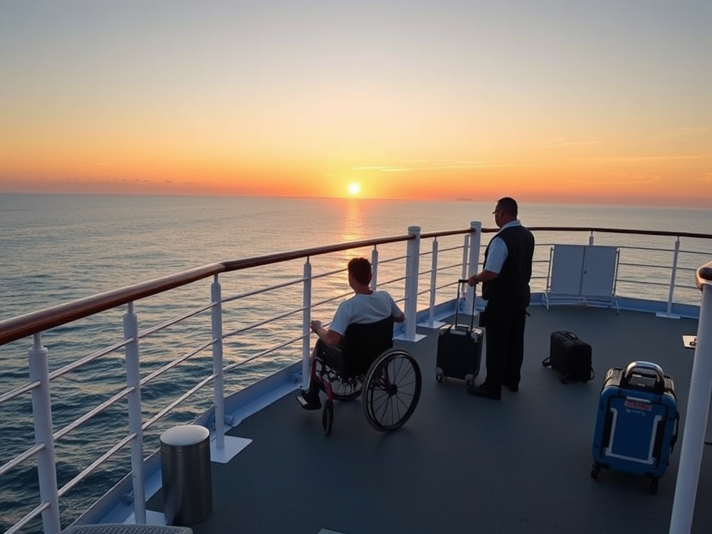 A calm cruise ship deck "sunset sky" "wheelchair user enjoying ocean view" "accessible ramps and railings" "friendly crew assisting" "medical kit and luggage nearby"