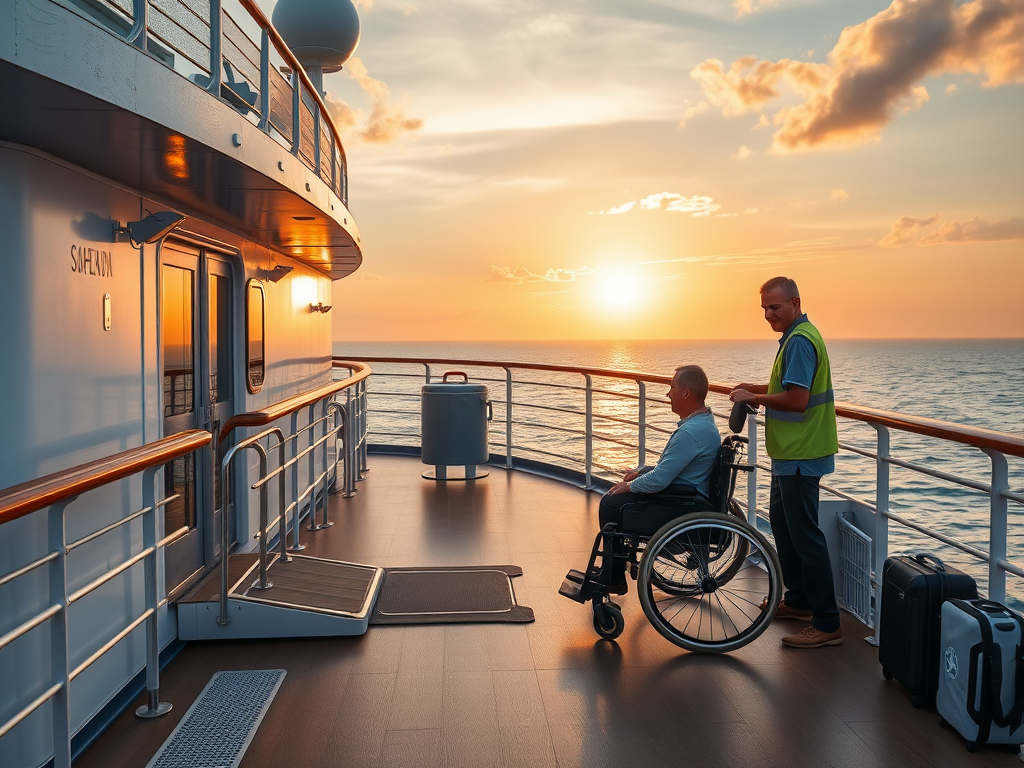 A calm cruise ship deck "sunset sky" "wheelchair user enjoying ocean view" "accessible ramps and railings" "friendly crew assisting" "medical kit and luggage nearby"