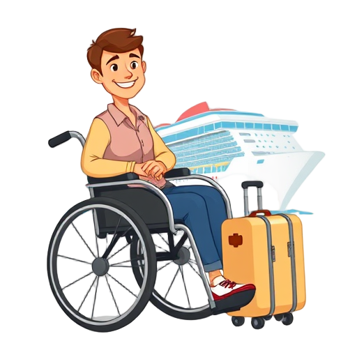 "wheelchair" "cruise ship" "smiling traveler" "suitcase" "medical kit" "map"
