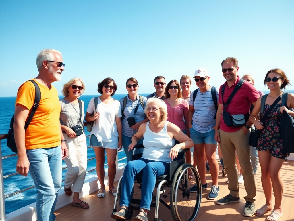 A diverse group of joyful travelers, one in a wheelchair, on a sunny cruise ship deck with bright blue ocean and clear sky background.