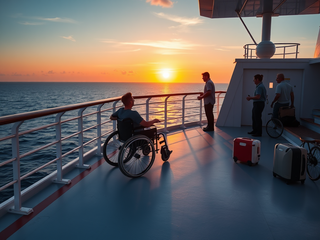 A calm cruise ship deck "sunset sky" "wheelchair user enjoying ocean view" "accessible ramps and railings" "friendly crew assisting" "medical kit and luggage nearby"