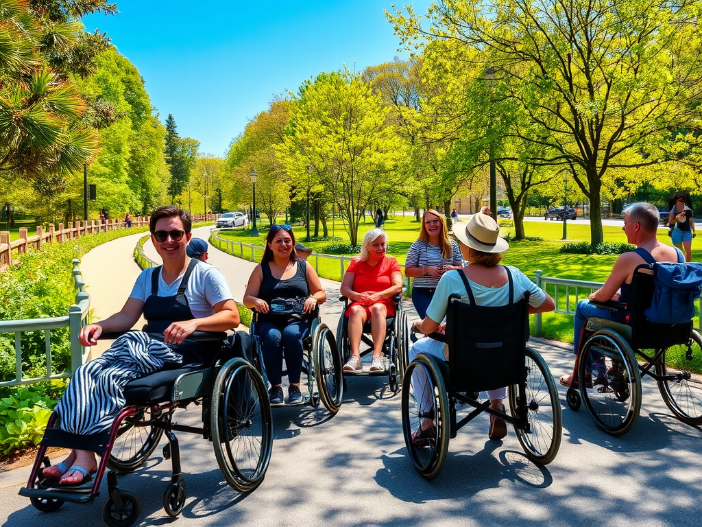 "A diverse group of joyful travelers in wheelchairs" "exploring a sunny, vibrant city park" "lush greenery and clear blue sky" "accessible pathways and ramps" "warm, inviting atmosphere."