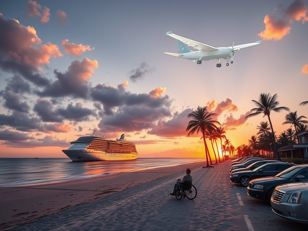 A serene beach scene with a "wheelchair-accessible cruise ship" docked nearby, "a person in a wheelchair enjoying the sunset," "accessible airplane wings in the sky," and "adaptive cars parked along palm-lined roads."