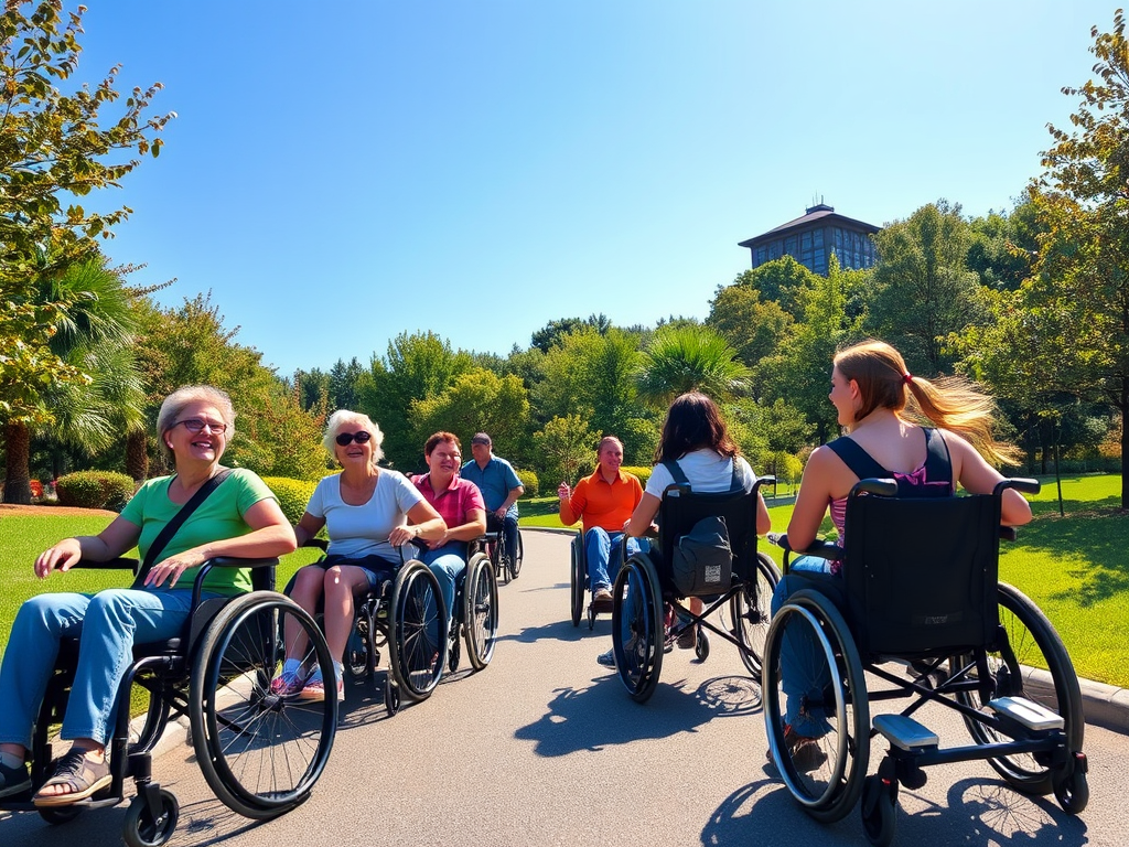 "A diverse group of joyful travelers in wheelchairs" "exploring a sunny, vibrant city park" "lush greenery and clear blue sky" "accessible pathways and ramps" "warm, inviting atmosphere."