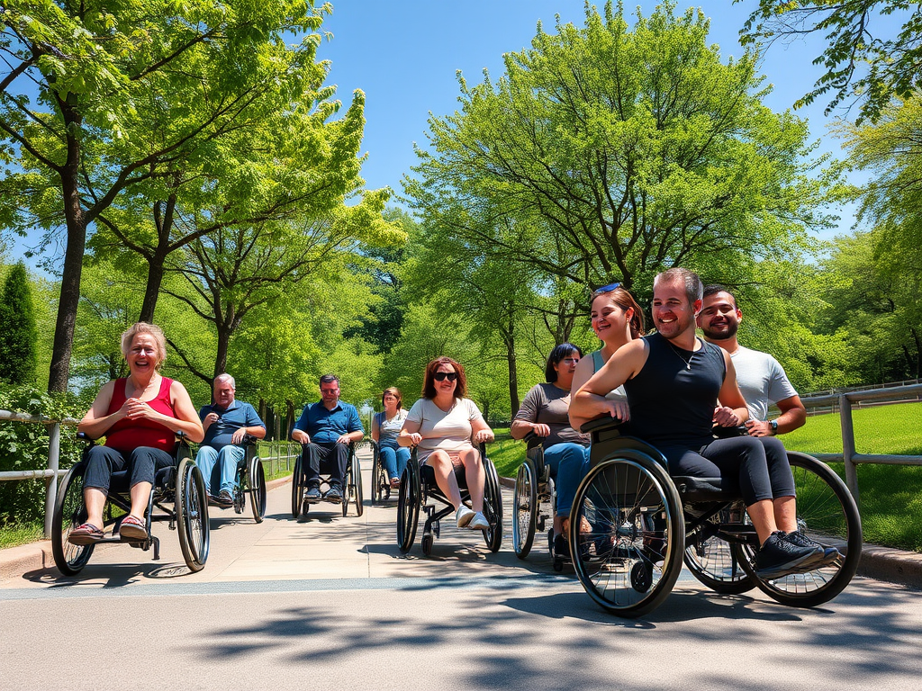 "A diverse group of joyful travelers in wheelchairs" "exploring a sunny, vibrant city park" "lush greenery and clear blue sky" "accessible pathways and ramps" "warm, inviting atmosphere."