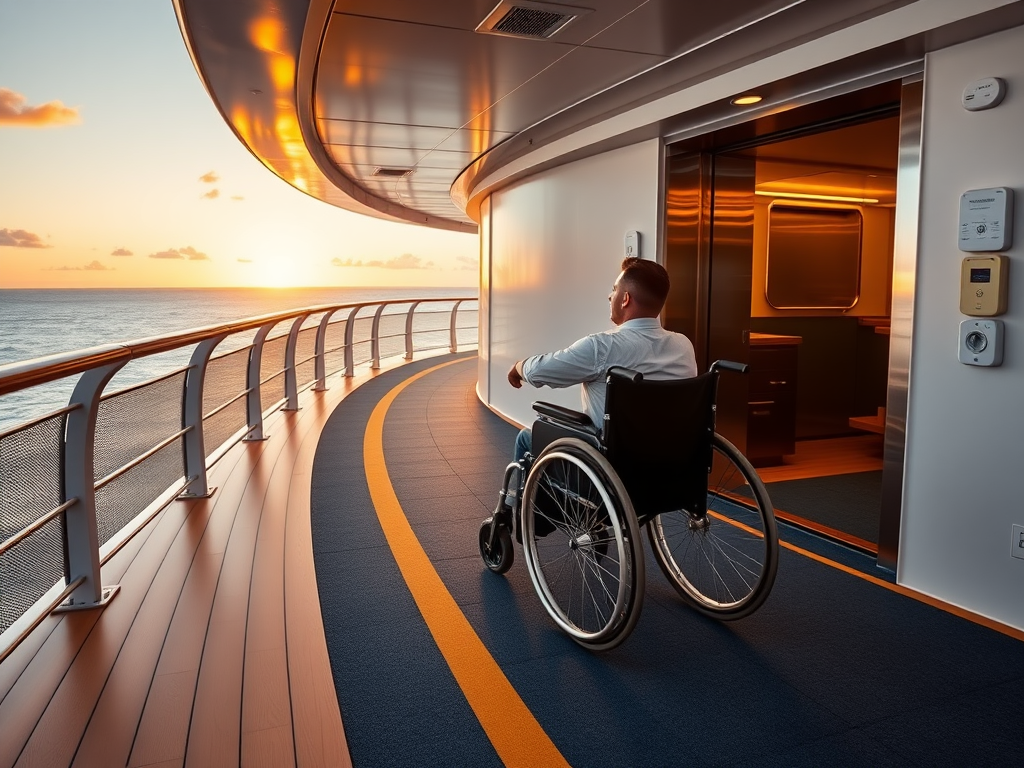 "wheelchair user on luxury cruise ship deck" "wide accessible pathways" "elevator doors open" "sunset ocean background" "comfortable wheelchair-friendly cabin interiors"