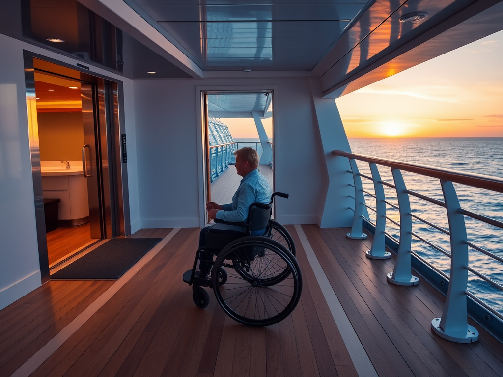 "wheelchair user on luxury cruise ship deck" "wide accessible pathways" "elevator doors open" "sunset ocean background" "comfortable wheelchair-friendly cabin interiors"