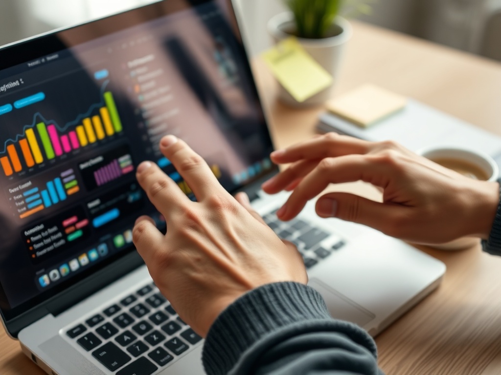 "close-up of hands arranging colorful, transparent label tabs on a sleek digital dashboard" "soft natural lighting" "minimalist workspace with laptop, sticky notes, coffee cup" "shallow depth of field, modern UX design aesthetic"