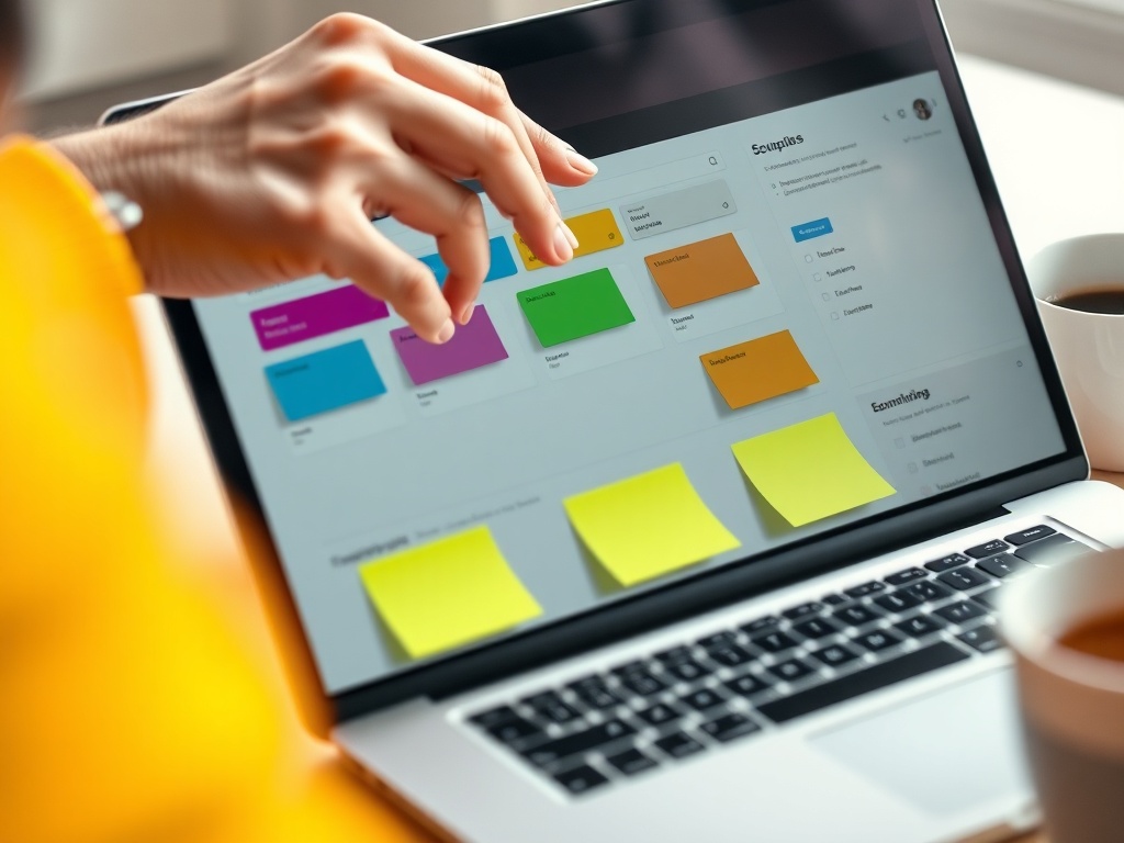 "close-up of hands arranging colorful, transparent label tabs on a sleek digital dashboard" "soft natural lighting" "minimalist workspace with laptop, sticky notes, coffee cup" "shallow depth of field, modern UX design aesthetic"