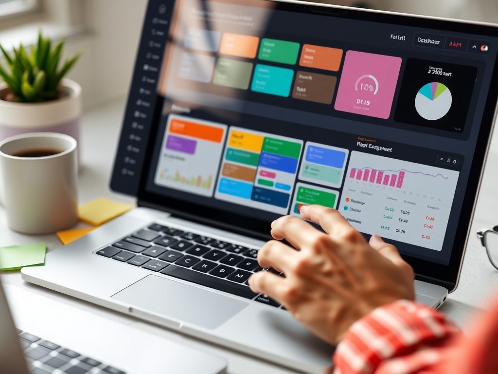 "close-up of hands arranging colorful, transparent label tabs on a sleek digital dashboard" "soft natural lighting" "minimalist workspace with laptop, sticky notes, coffee cup" "shallow depth of field, modern UX design aesthetic"