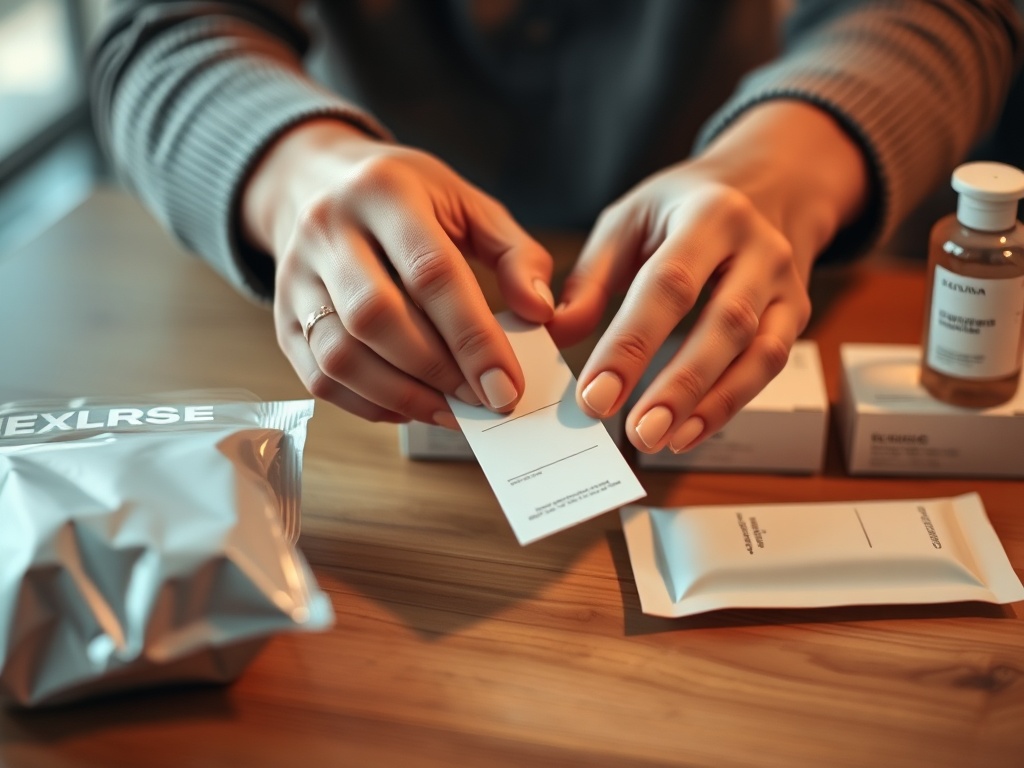 "close-up of hands applying minimalist product labels" "warm soft lighting" "clean modern packaging on wooden table" "focused shallow depth of field"