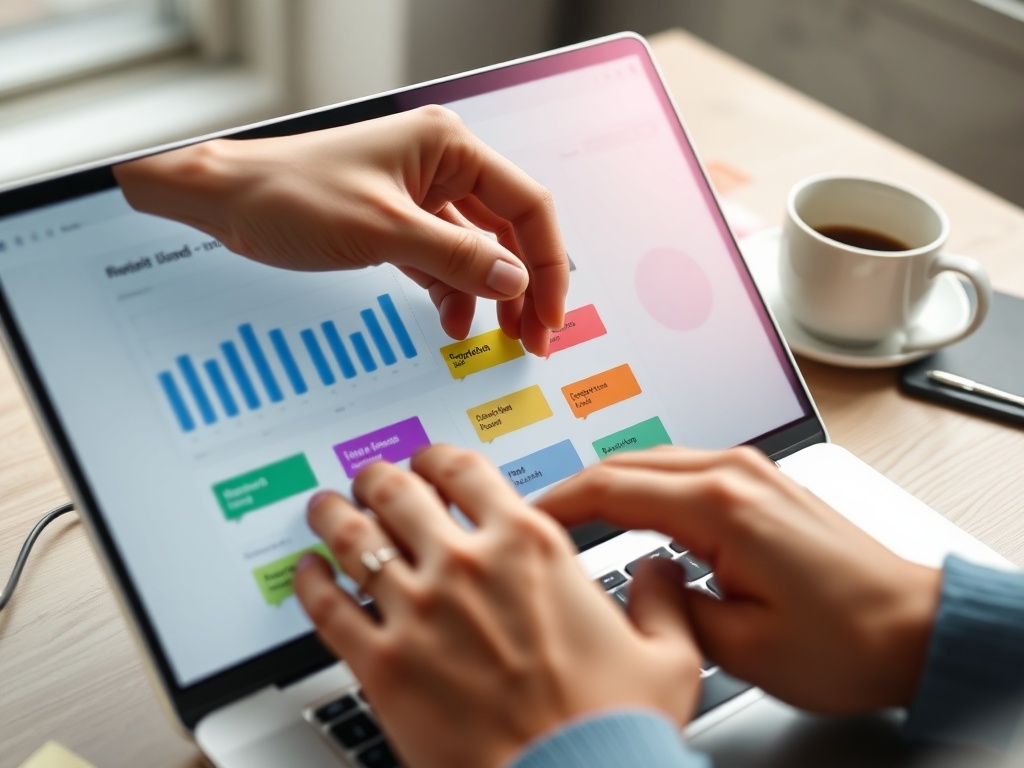 "close-up of hands arranging colorful, transparent label tabs on a sleek digital dashboard" "soft natural lighting" "minimalist workspace with laptop, sticky notes, coffee cup" "shallow depth of field, modern UX design aesthetic"