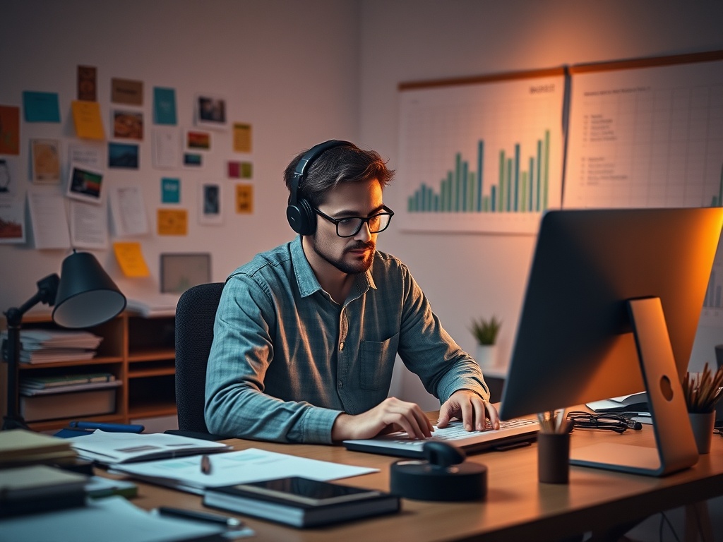 "a focused designer at a cluttered desk" "smart, colorful labels floating above product mockups" "data-driven charts subtly glowing in background" "warm morning light, minimalist modern studio"