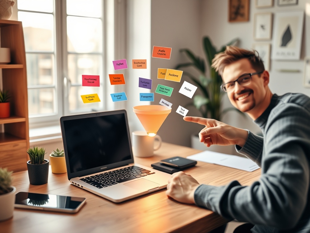 "A cozy modern workspace" "open laptop displaying colorful wireframe labels" "sticky labels floating toward a glowing funnel" "person pointing, smiling" "warm natural light, soft shadows"