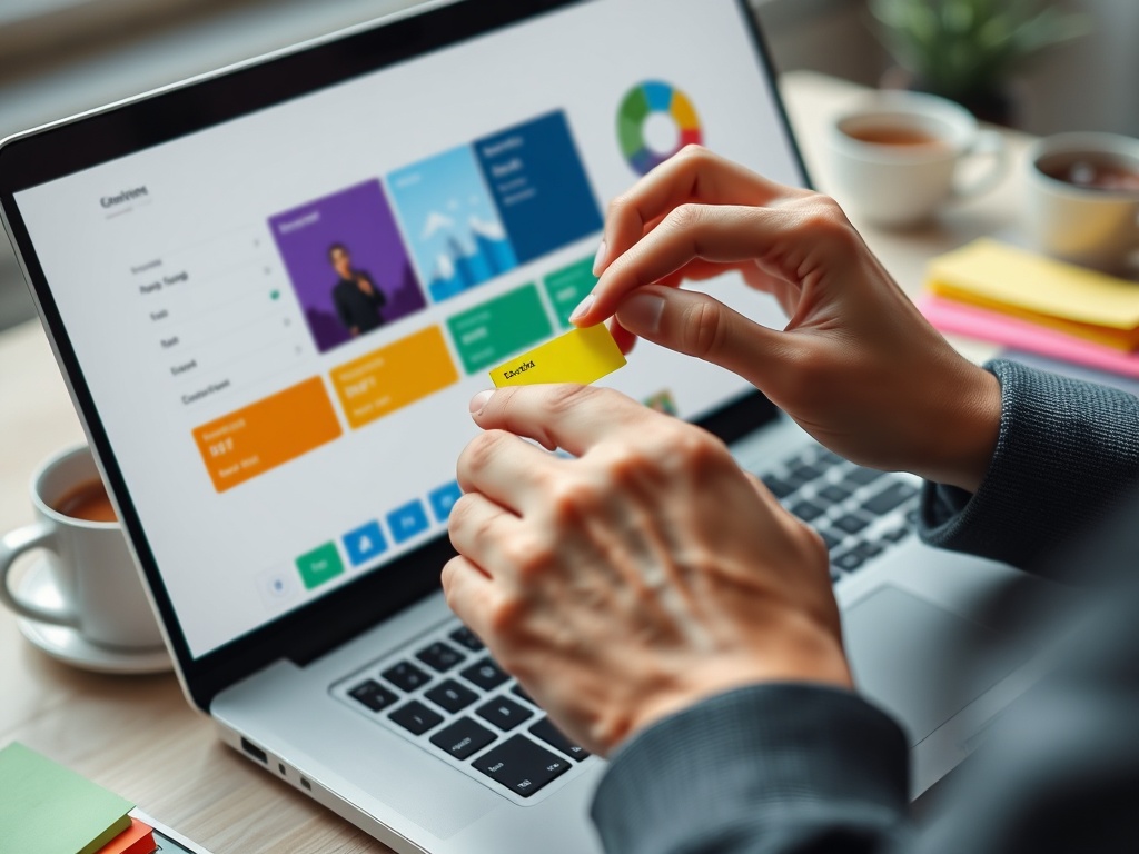 "close-up of hands arranging colorful, transparent label tabs on a sleek digital dashboard" "soft natural lighting" "minimalist workspace with laptop, sticky notes, coffee cup" "shallow depth of field, modern UX design aesthetic"