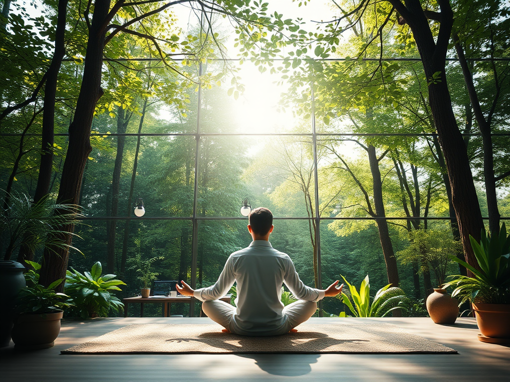 Een serene werkruimte met een mediterende leider in de natuur.