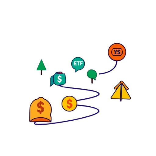 Illustratie van een investeringsreis met ETF-symbolen.