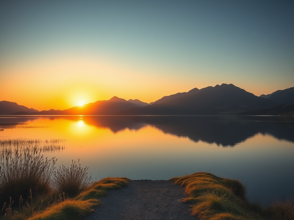Rustig landschap met een meer en bergen bij zonsopgang.