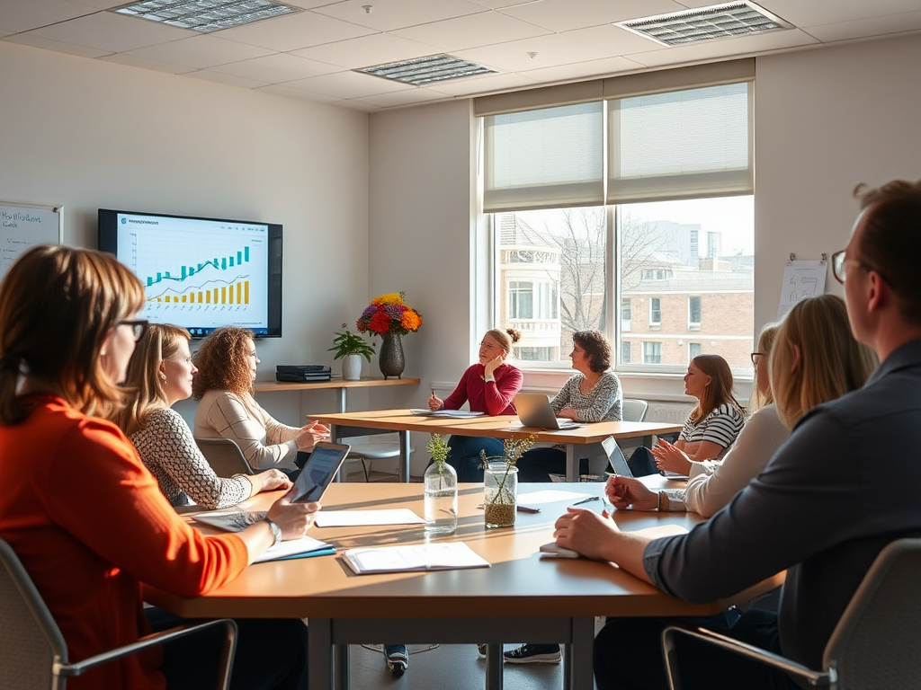 Een klaslokaal met een diverse groep volwassenen in discussie.