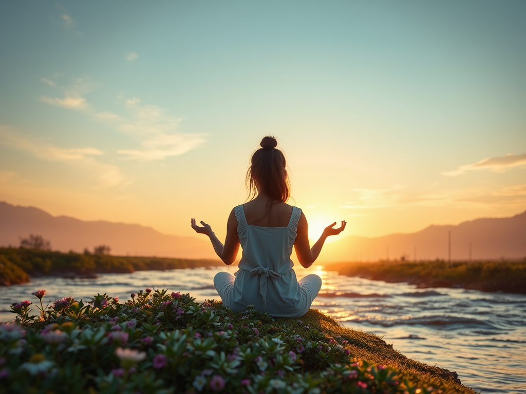 "a serene sunrise" "soft pastel colors" "gentle flowing river" "small blooming flowers" "peaceful person meditating" "warm golden light" "nature embracing growth and calmness"