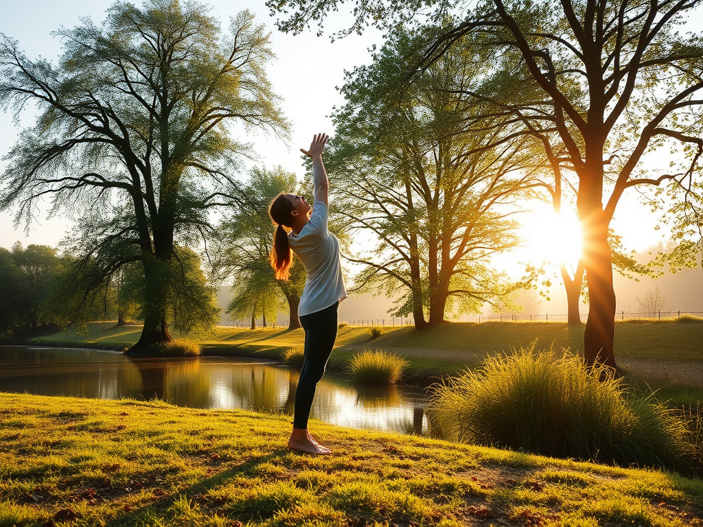 A serene morning scene with a person gently stretching outdoors, soft sunlight filtering through lush trees, calm water nearby, peaceful and uplifting atmosphere.
