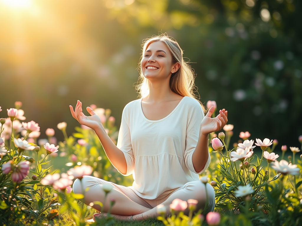 "a serene woman" "gently meditating outdoors" "surrounded by blooming flowers and soft sunlight" "radiating calm and joy" "symbolizing abundance and growth"