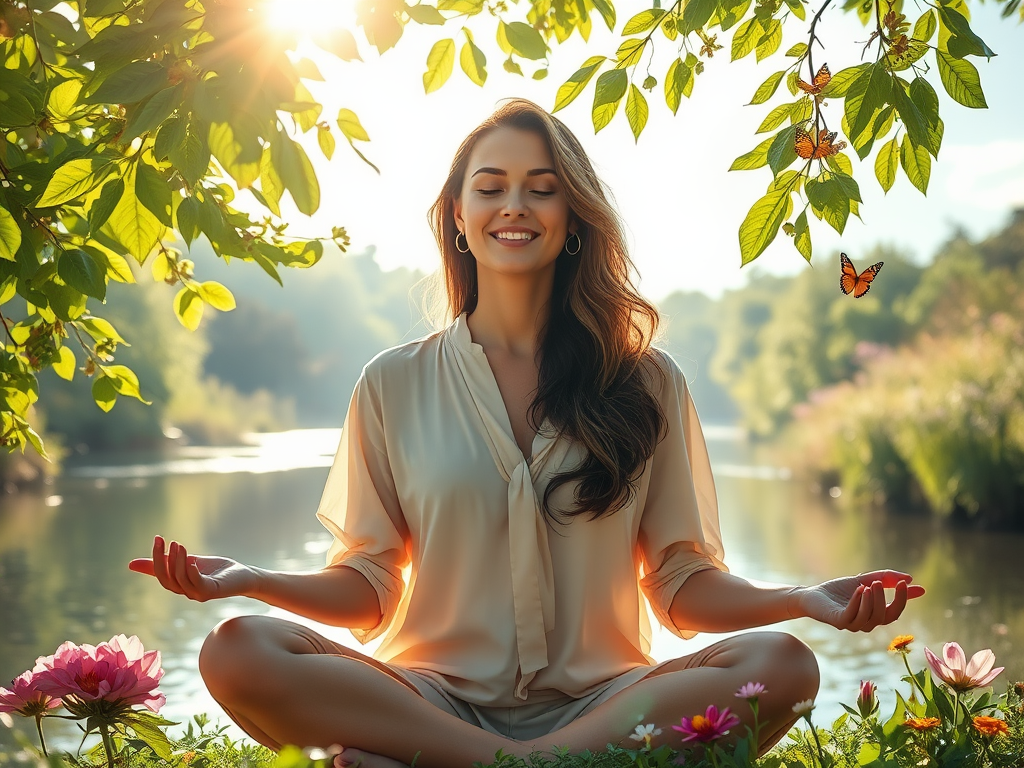 A serene woman meditating "soft sunlight filtering through lush green leaves" "golden light particles floating around her" "calm river reflecting peaceful sky" "gentle smile expressing love and freedom" "harmonious nature scene with blooming flowers and b
