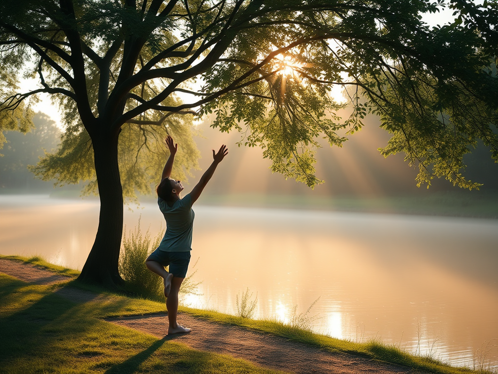 A serene morning scene with a person gently stretching outdoors, soft sunlight filtering through lush trees, calm water nearby, peaceful and uplifting atmosphere.