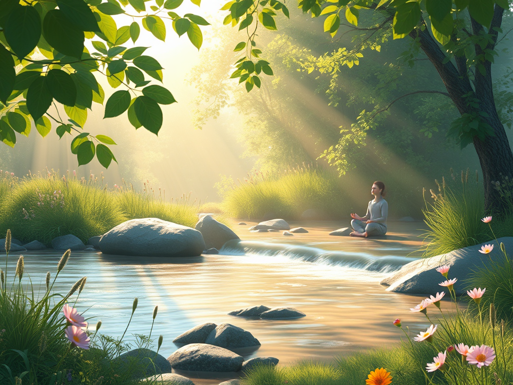 A serene summer morning scene with "soft sunlight" filtering through "lush green leaves," a "peaceful person meditating" by a gentle "flowing stream," surrounded by "wildflowers" and "calm nature."