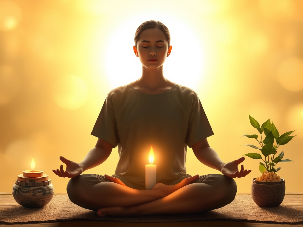 "a serene person meditating gently" "soft glowing light surrounding them" "symbols of abundance like coins and plants" "calm, natural background with warm tones" "daily ritual vibe"
