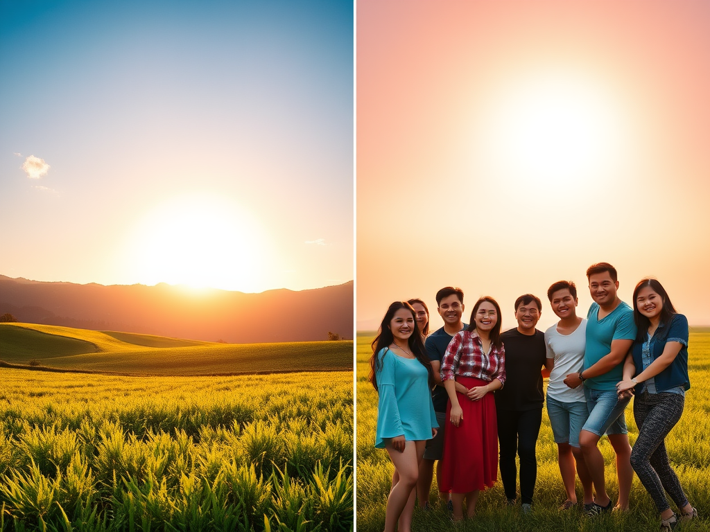 "A vibrant sunrise over a lush green field" "A diverse group of people smiling and holding hands" "Bright, inspiring atmosphere with rays of sunlight"