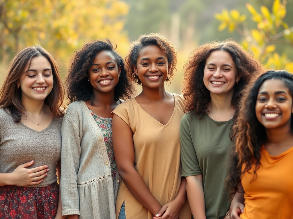 "diverse people smiling gently" "peaceful natural setting" "soft morning light" "calm expressions" "subtle warm colors" "elements symbolizing love, freedom, self-respect" "serene body language"