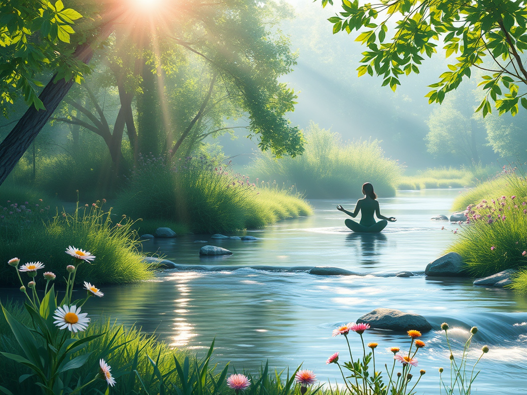 A serene summer morning scene with "soft sunlight" filtering through "lush green leaves," a "peaceful person meditating" by a gentle "flowing stream," surrounded by "wildflowers" and "calm nature."