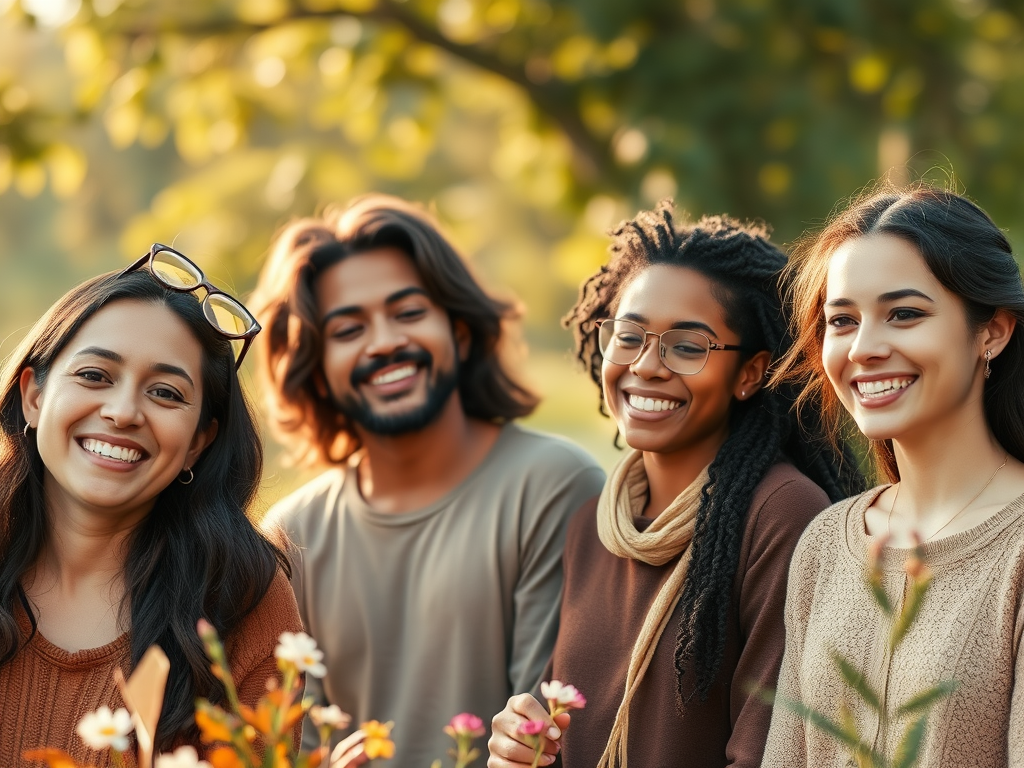 "diverse people smiling gently" "peaceful natural setting" "soft morning light" "calm expressions" "subtle warm colors" "elements symbolizing love, freedom, self-respect" "serene body language"