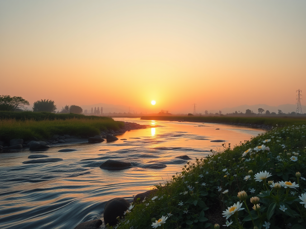 "a serene sunrise" "soft pastel colors" "gentle flowing river" "small blooming flowers" "peaceful person meditating" "warm golden light" "nature embracing growth and calmness"