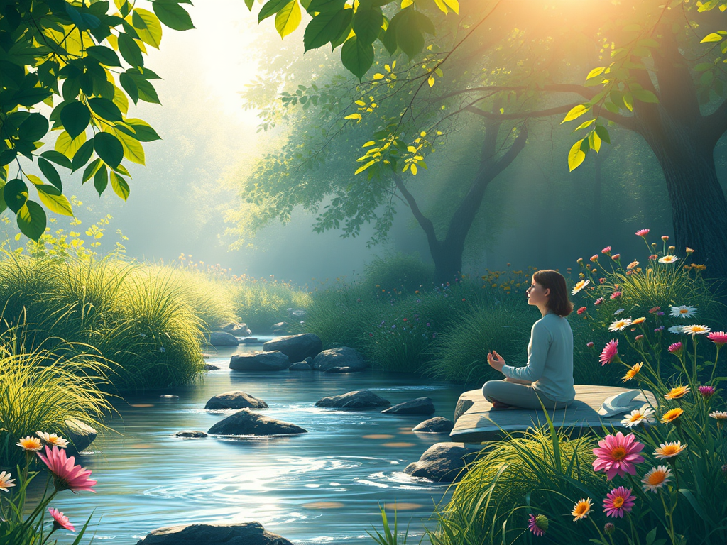 A serene summer morning scene with "soft sunlight" filtering through "lush green leaves," a "peaceful person meditating" by a gentle "flowing stream," surrounded by "wildflowers" and "calm nature."