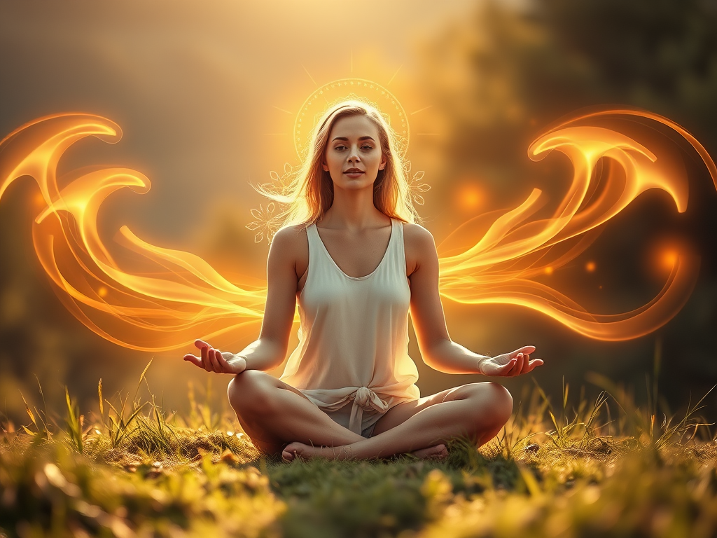 "serene woman" "sitting cross-legged in nature" "golden light flowing around her" "symbols of abundance and freedom gently swirling" "soft, warm colors"