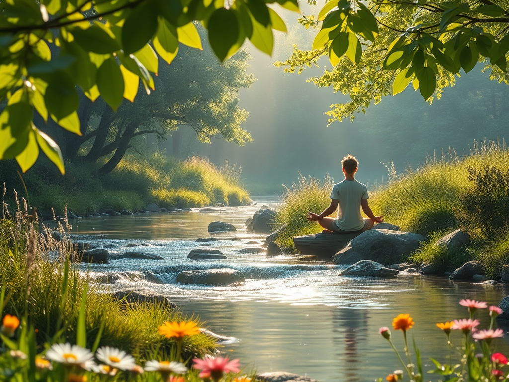 A serene summer morning scene with "soft sunlight" filtering through "lush green leaves," a "peaceful person meditating" by a gentle "flowing stream," surrounded by "wildflowers" and "calm nature."
