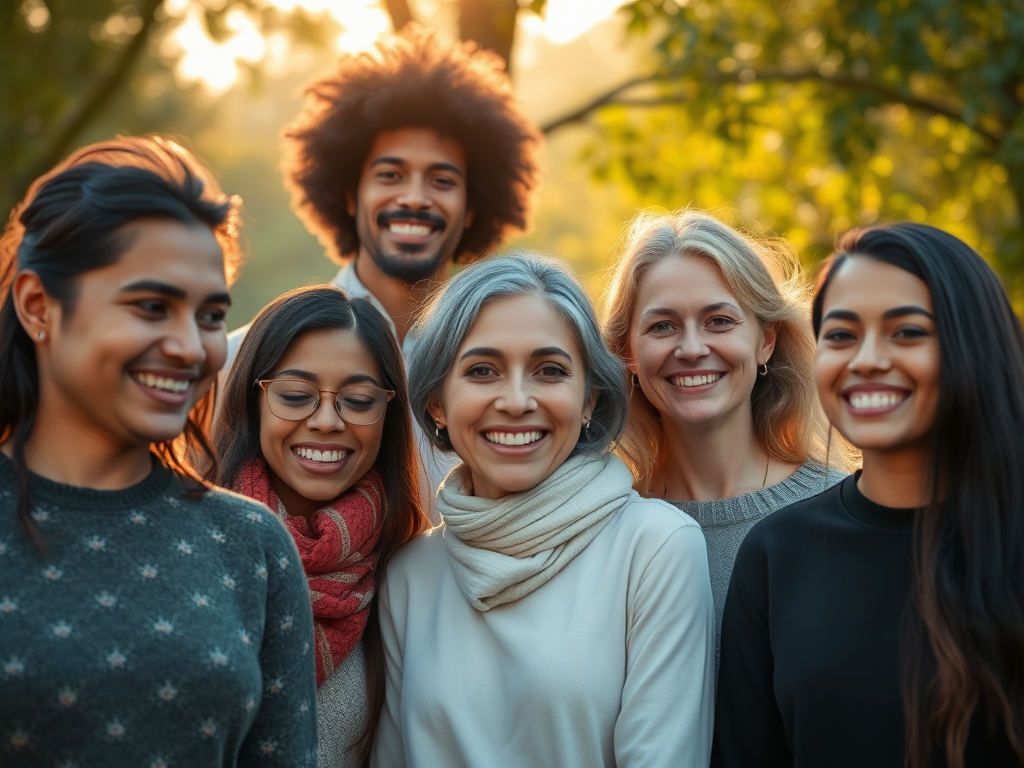 "diverse people smiling gently" "peaceful natural setting" "soft morning light" "calm expressions" "subtle warm colors" "elements symbolizing love, freedom, self-respect" "serene body language"