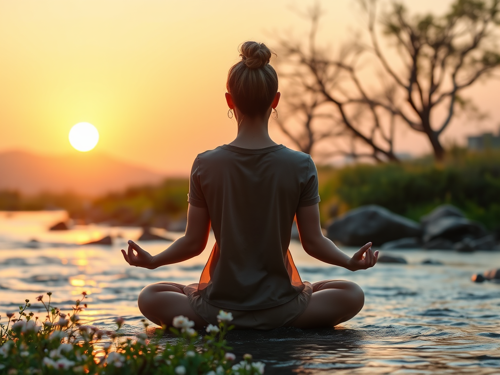 "a serene sunrise" "soft pastel colors" "gentle flowing river" "small blooming flowers" "peaceful person meditating" "warm golden light" "nature embracing growth and calmness"