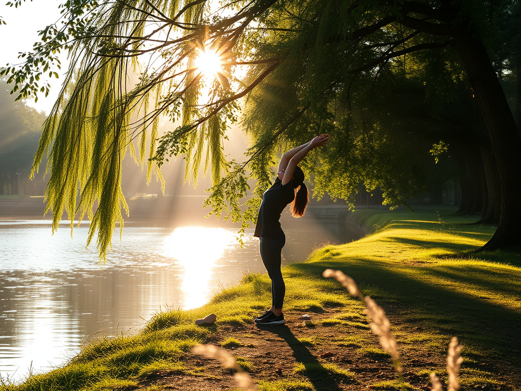 A serene morning scene with a person gently stretching outdoors, soft sunlight filtering through lush trees, calm water nearby, peaceful and uplifting atmosphere.