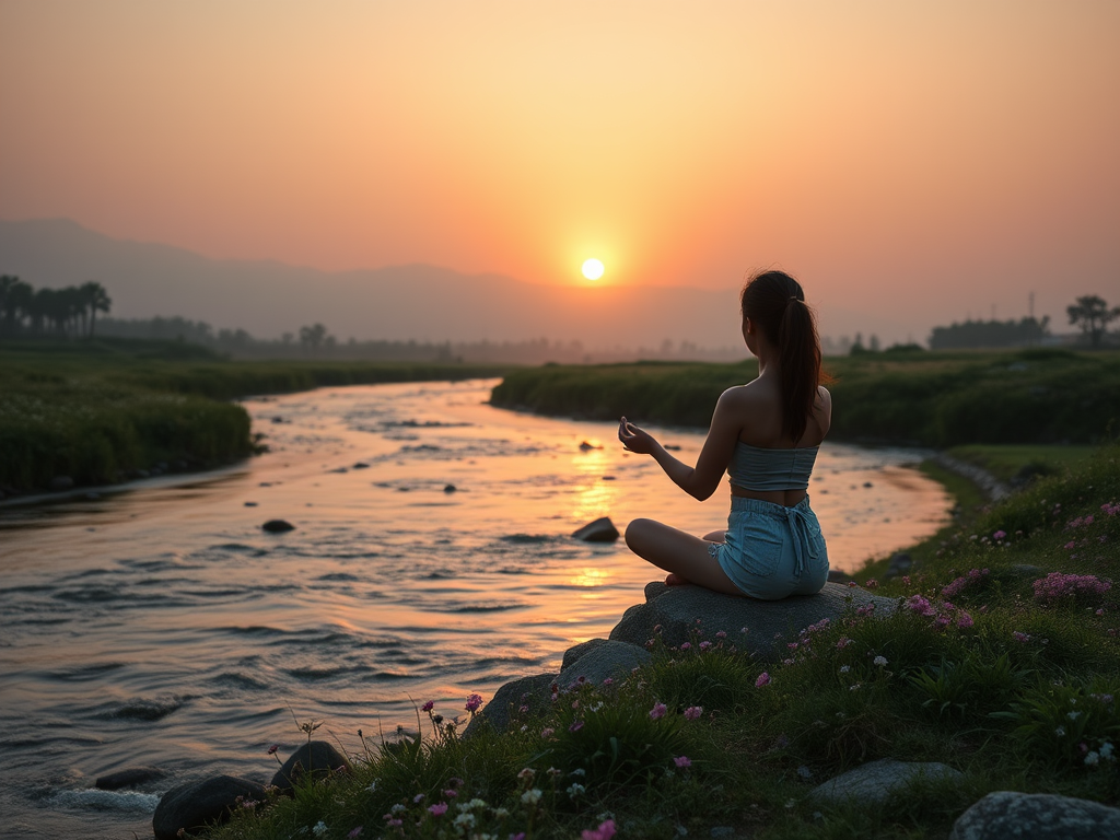 "a serene sunrise" "soft pastel colors" "gentle flowing river" "small blooming flowers" "peaceful person meditating" "warm golden light" "nature embracing growth and calmness"