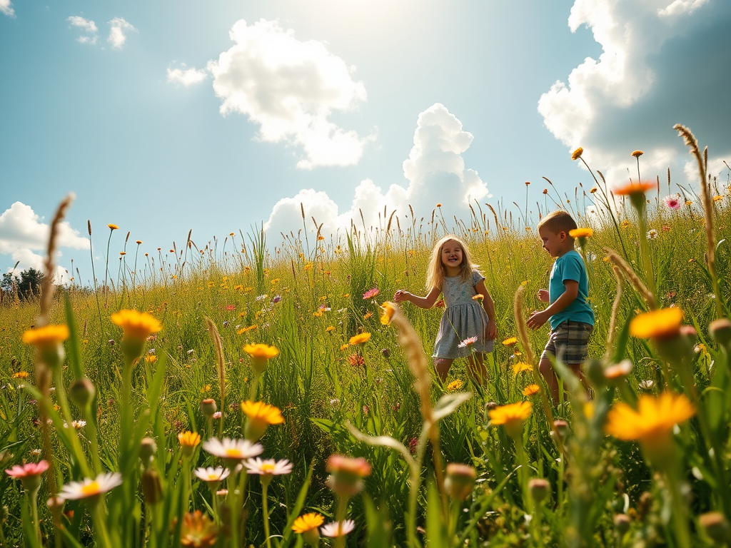 "a sunny meadow" "wildflowers blooming vibrantly" "children laughing and playing" "bright blue sky with fluffy clouds" "warm golden sunlight illuminating everything"