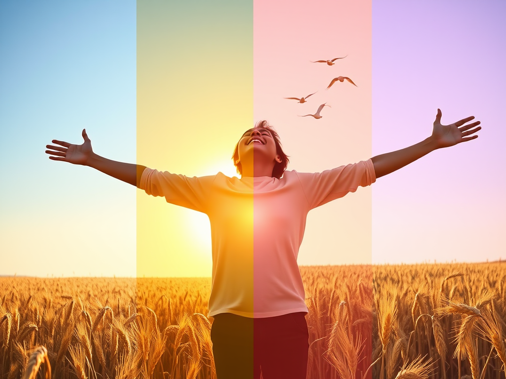 "sunrise over golden wheat fields" "a joyful person with open arms" "birds flying in a clear blue sky" "soft glowing light symbolizing abundance"