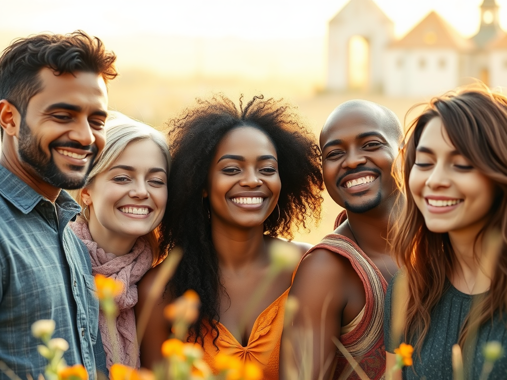 "diverse people smiling gently" "peaceful natural setting" "soft morning light" "calm expressions" "subtle warm colors" "elements symbolizing love, freedom, self-respect" "serene body language"